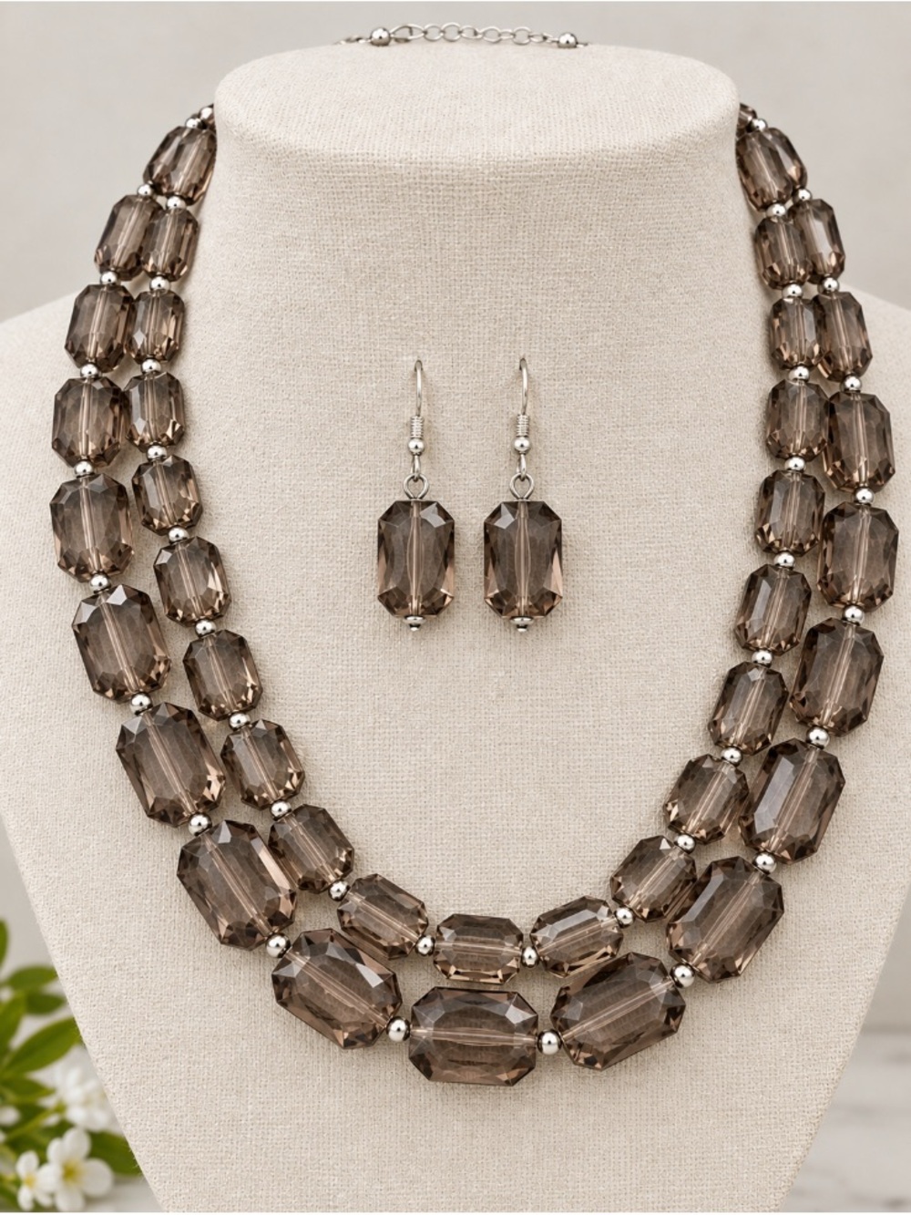 Smoky Crystal Double Strand Necklace and Earring Set